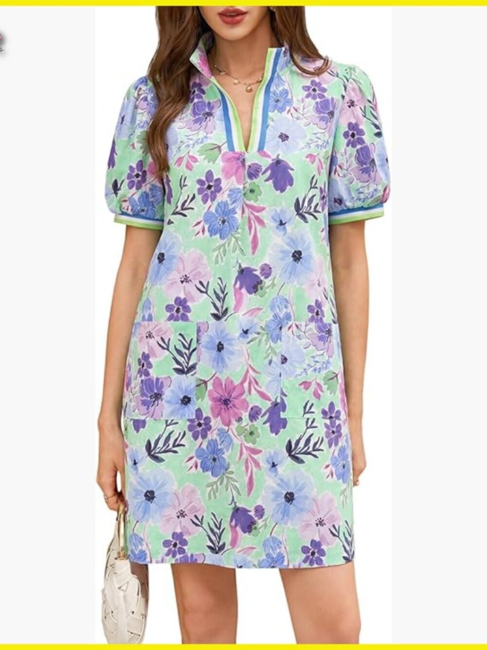 Boho Mini Dress with Puff Sleeves Floral V-Neck Loose Fit Summer Casual